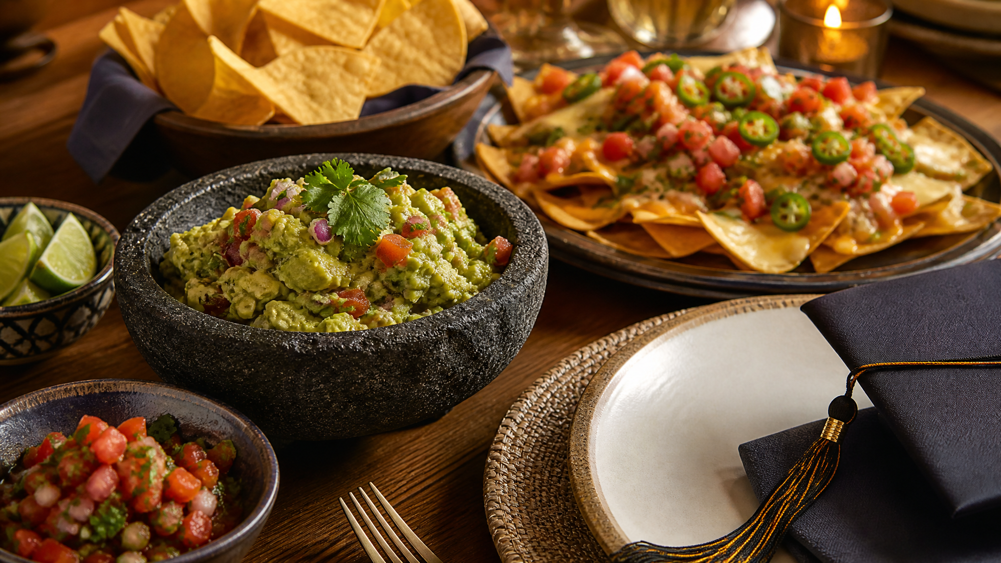 Graduation dinner at K. Pacho in New Hyde Park featuring fresh guacamole and crispy corn tortilla chips alongside bold Mexican small plates